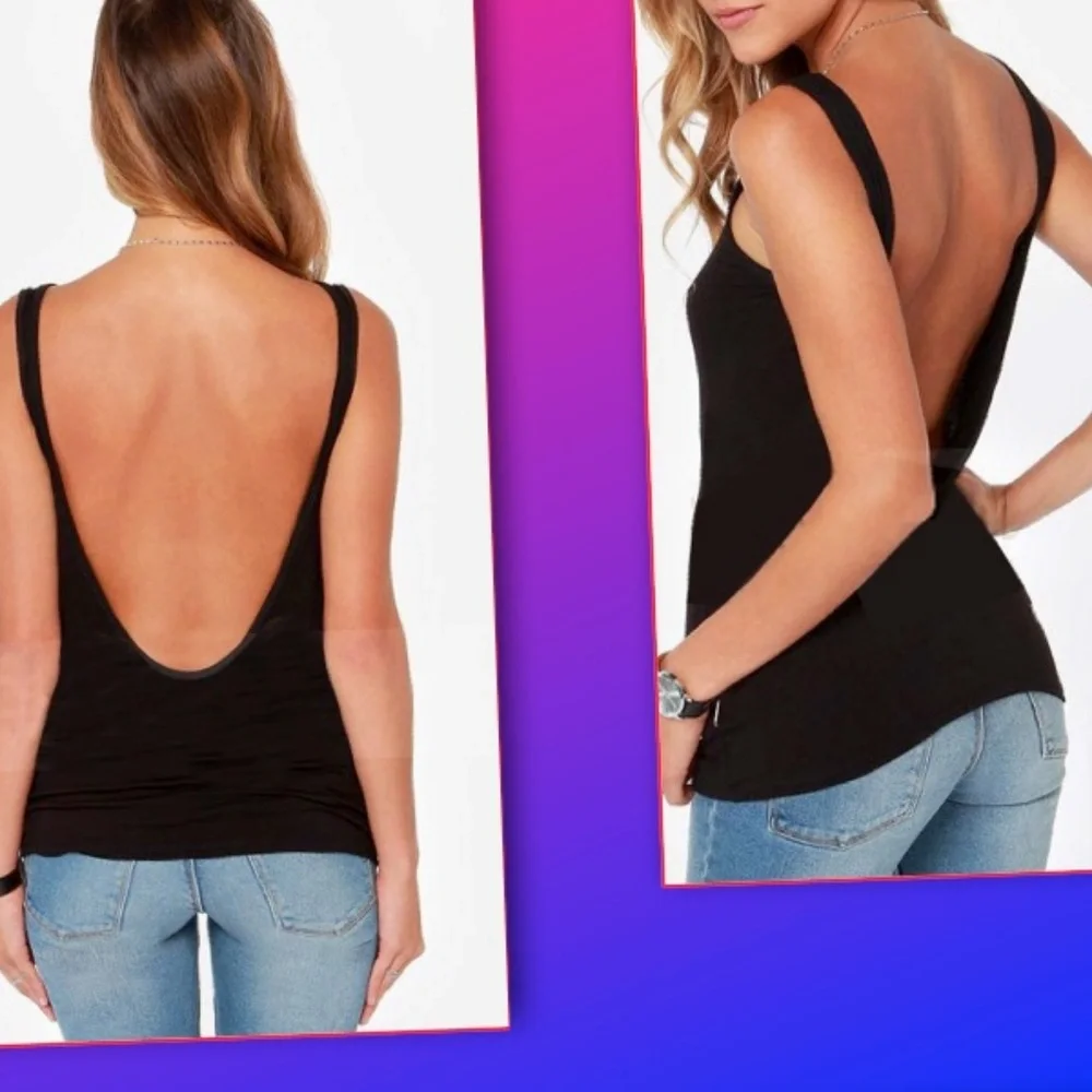 Black Deep V Back Tank Top | Open Back Casual Sleeveless Top | Soft Stretch - Picture 3 of 7